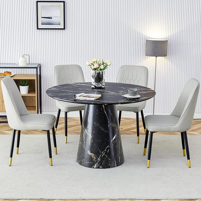 45 Inch Round Dining Table Set for 4, 5 Piece Kitchen Table and Chairs Set, Black Faux Marble Table Top, Small Space Dining Set for Apartment or Dining Room