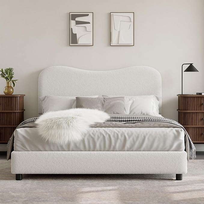 GarveeHome Full Size Bed Frame for Kids with Velvet Upholstered Headboard, Cute Low Profile Platform Bed for Girls and Boys, No Box Spring Needed, Strong Wooden Slats, Noise Free, Easy Assembly, White