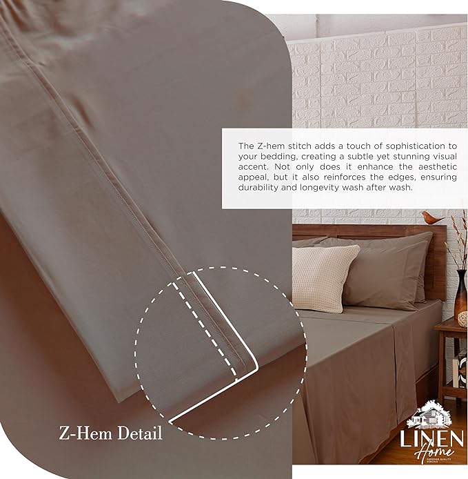 Linen Home 100% Cotton Percale Sheets Queen Size, Taupe, Deep Pocket, 4 Pieces Set - 1 Flat, 1 Deep Pocket Fitted Sheet and 2 Pillowcases, Crisp Cool and Strong Bed Linen