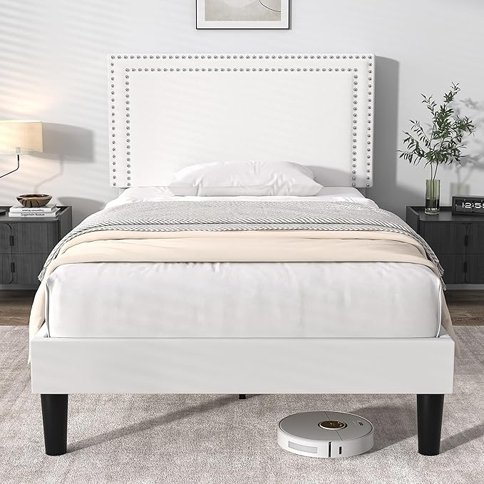 VECELO Twin Size Bed Frame Velvet Upholstered Platform with Headboard, Modern Mattress Foundation, Wood Slat Support, No Box Spring Needed, Noise-Free, Easy Assembly