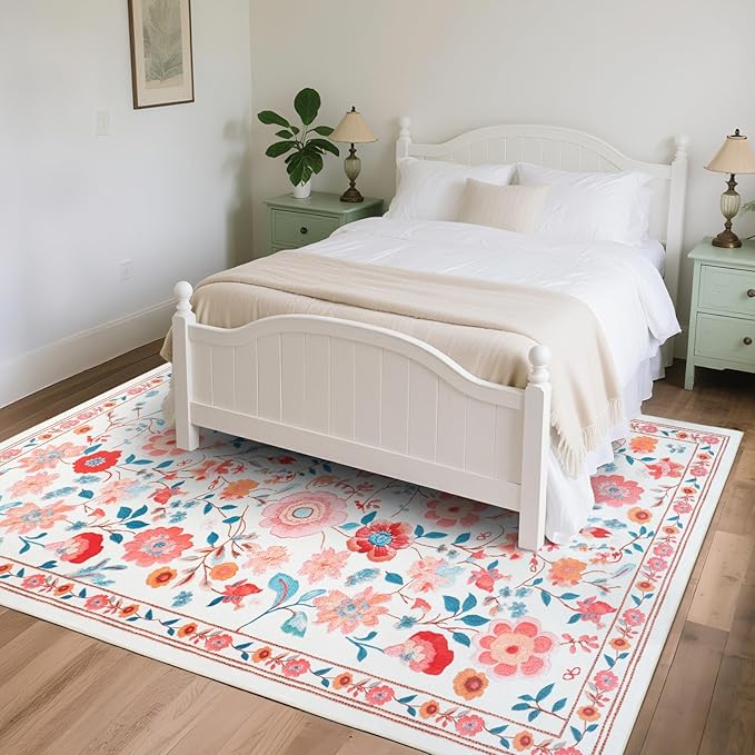 Living Room Rug 6x9 Rug, Machine Washable Area Rug Non Slip Low Pile Floral Rug for Living Room, Bedroom, Farmhouse, Dining Room, Kids Playroom, Beige