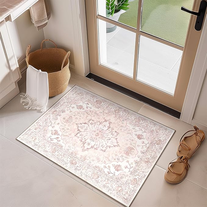 Area Rugs 2'x3' Washable Non-Slip, Floral Vintage Distress Print Pattern Medallion Carpet for Living Room Bedroom Dining Room, Pink Greypink Cute