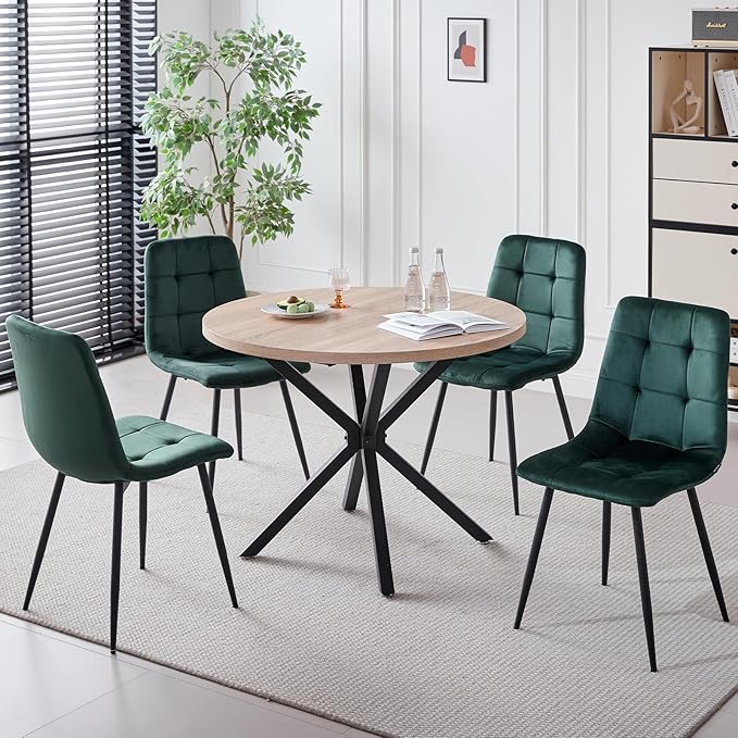 39" Round Dining Table Set for 4, Mid Century Kitchen Table with 4 Green Velvet Upholstered Dining Chairs for Apartment Living Room Space Saving