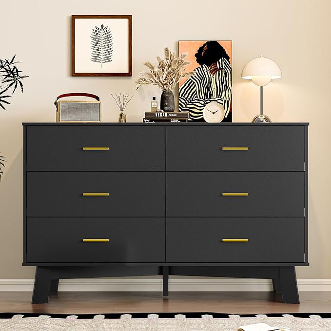 Dresser for Bedroom with 6-Drawer, 47.2" Modern Chest of Drawers with Metal Handles, X-Shape Base & Adjustable Center Leg, Anti-Tip Closet Organizers and Storage