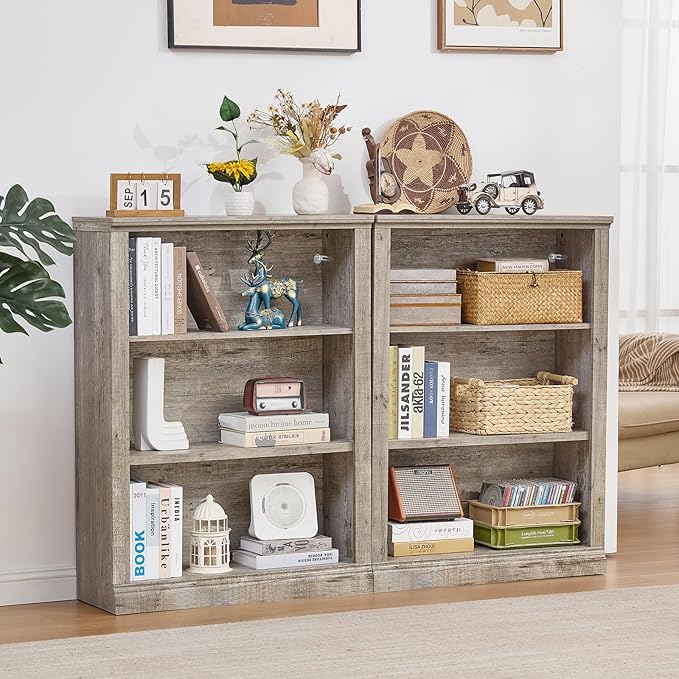 43" Grey Tall Bookshelf,3-Tier Thick Wooden Book Shelf with Adjustable Shelves,Free Standing Farmhouse Bookcase with Open Display Storage,Floor Vintage Bookshelves for Living Room,Office