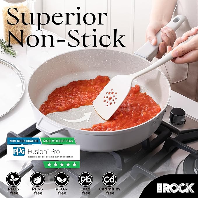 THE ROCK SOHO 4 Qt Nonstick Deep Frying Pan Skillet with Glass Lid, 11 Inch Large Deep Frying Pan, Ceramic Non Toxic Skillet with Heat-Resistant Handle, PFOA & PFAS Free, Oven & Dishwasher Safe, Cream