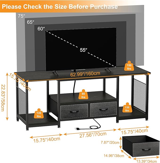 TV Stand with Drawers and Power Outlets for 75 70 65 Inch TV, Entertainment Center with Open Storage Shelves, Industrial Media TV Console Table for Living Room Bedroom Office, Black
