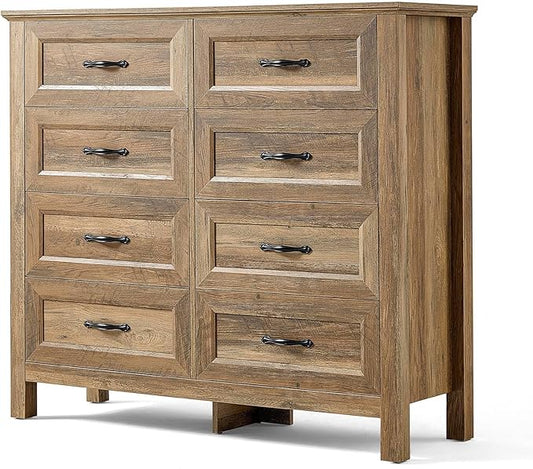 LINSY HOME Farmhouse 8 Drawers Dresser Chests for Bedroom, Wood Dresser Wide Chest of Drawers, Storage Dressers Organizer for Bedroom, Living Room,Hallway, SGS Certified