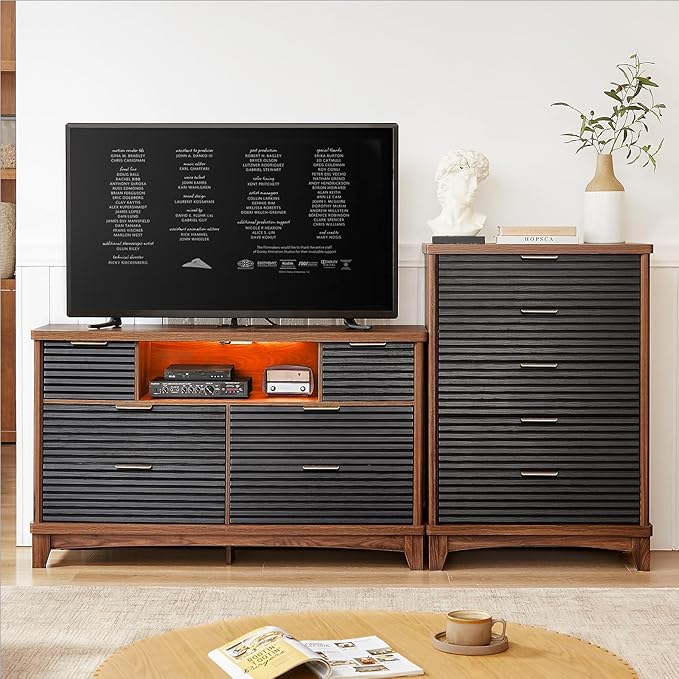 AOGLLATI Black Dresser for Bedroom with Slanted Louvre Design,Retro Chest of Drawers with Charging Station, Wooden Wide Led 6 Drawer Dresser for Bedroom,Living Room, Hallway, Black & Brown