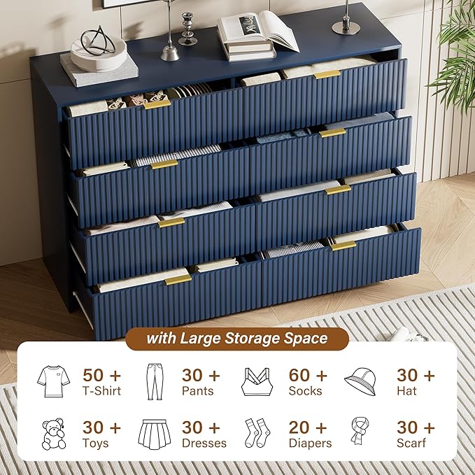 Navy Blue Dresser for Bedroom, Modern Dresser with 8 Drawers and Smooth Slides, Wide Chest of Drawers with Golden Handles for Bedroom, Closet, 15.7" D x 55" W x 37.4" H