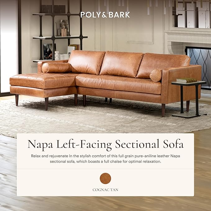 Poly & Bark Napa Leather Couch - Left Facing Sectional Sofa with 2 Bolsters - Full-Grain Leather Sofa for Living Room with Feather-Down Topper - Corner Couch - Vintage Italian Leather in Cognac Tan