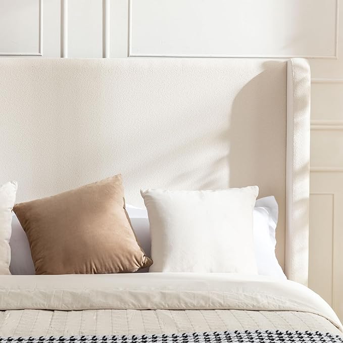 54" Tall Headboard Bed Frame with Boucle Upholstery, High Wingback Platform Bed, Sturdy Metal Foundation and Solid Wood Feet (Ivory, Queen (U.S. Standard))