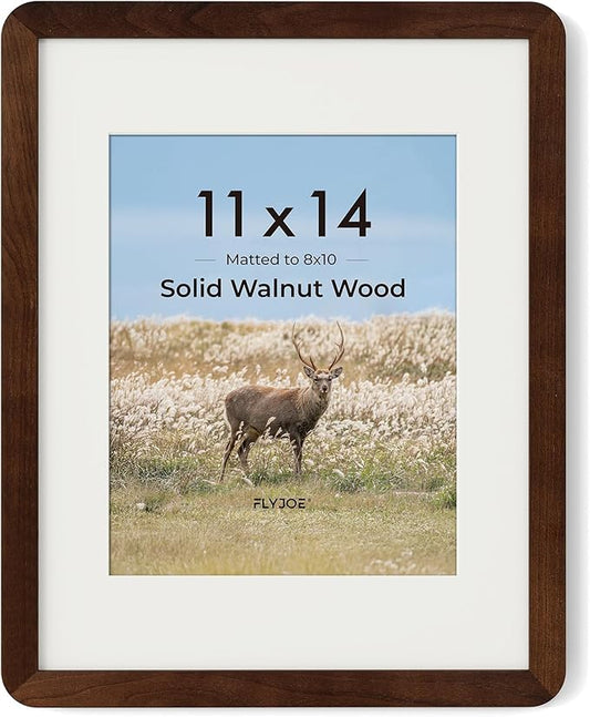 11x14 Picture Frame - Solid Walnut Wood Frame With Mat For 8x10, 11x14 Poster Frame, Plexiglas and Hanging Hardware Included, 11 By 14 Picture Frame Wood, Natural Walnut