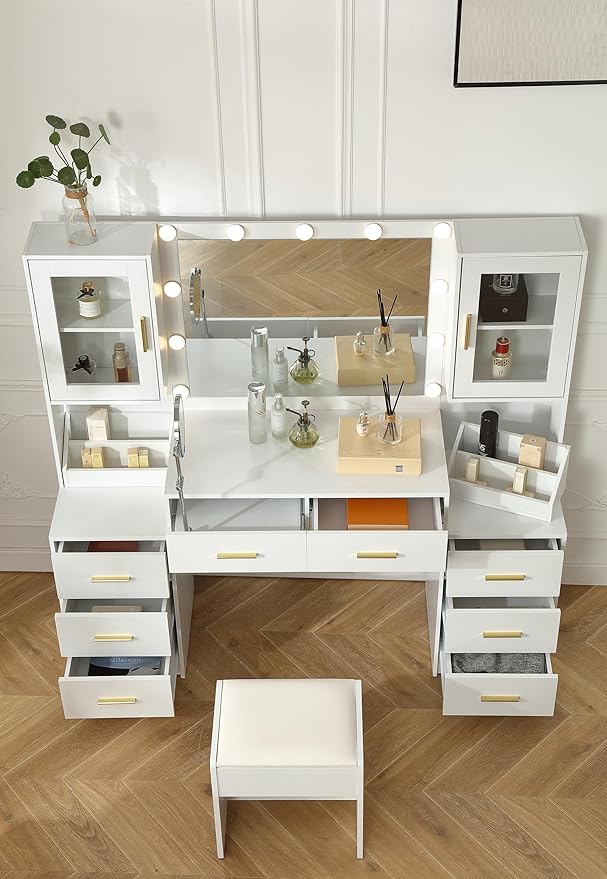 Extra Large Vanity with Folding Up Mirror and Lights,58.3'' Makeup Vanity Desk with Mirror and Lights,Outlet, Chair and Two Makeup Organizers,Dressing Table for Bedroom,White