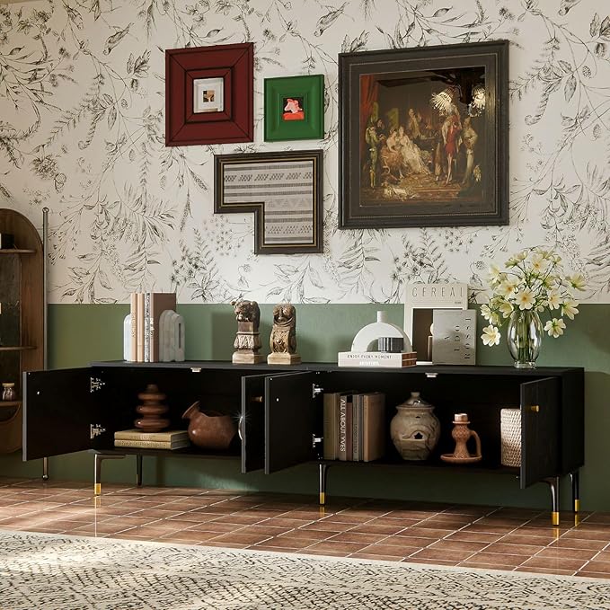 78.7'' W TV Table Stand with Storage, Mid-Century Modren Under TV Cabinet with 4 Doors, Farmhouse Entertainment Media Center with Storage for Living Room, Entryway, Office Furniture, Black