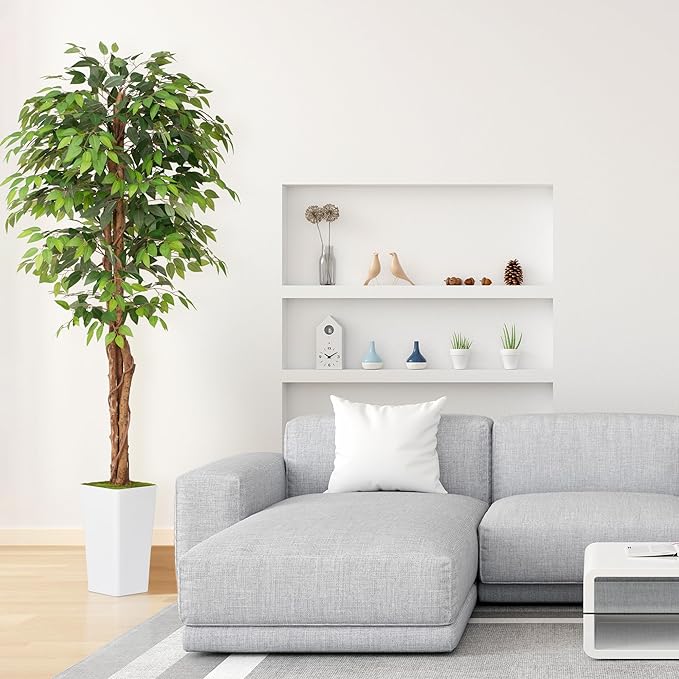 Artificial 7Ft Ficus Silk Tree with Tall Planter - Faux Plants Indoor with Natural Wood Trunk - Large Tall Fake Plants for Home Office Living Room Patio Decor