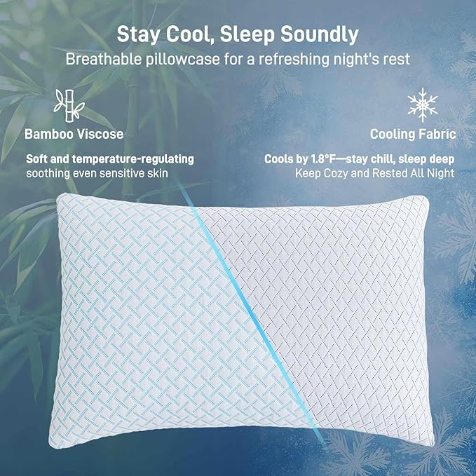 Shredded Memory Foam Cooling Medium Soft Viscose Derived from Bamboo Pillow Queen Size, Adjustable Hypoallergenic Hotel Quality Pillow for Back, Stomach and Side Sleeper, Oeko-TEX Certified