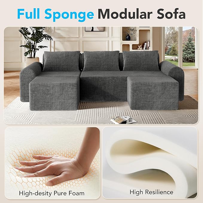 Cloud Sectional Couch with 2 Ottomans & 3 Pillows, Boneless Couches for Living Room, U Shaped Sectional Sofa Deep Seat Comfy Couch for Small Spaces, No Assembly Required, 72h to Restore