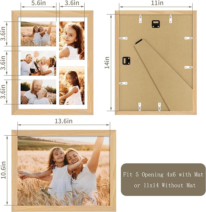 Solid Oak Wood Frame - 11x14 Natural Wooden Picture Frames with Real Tempered Glass,5 Opening 4x6 with Mat or 11x14 Without Mat for Wall Decor Art Photo(Color Natural)