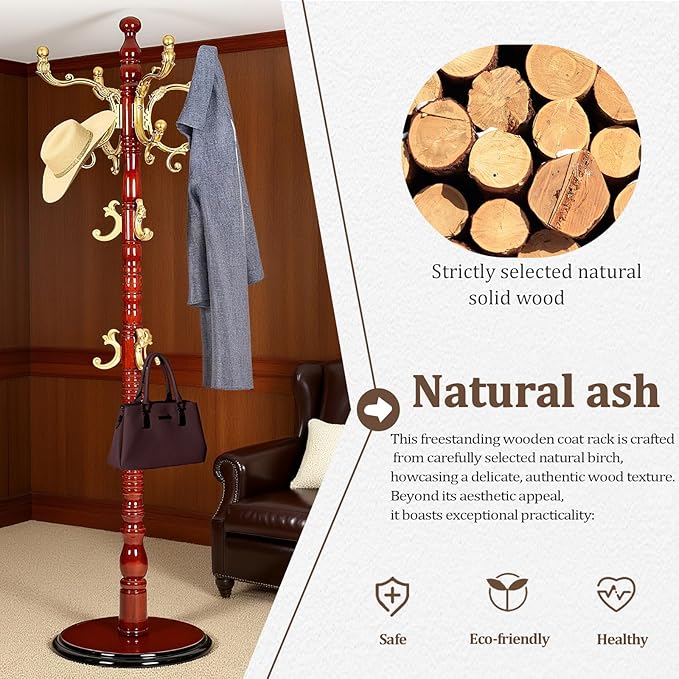 73”Vintage Wooden Coat Rack Freestanding With 14 Hooks and Sturdy Round Base。3-level Adjustable Vintage Wooden Coat Rack.Coat Rack Stand for Living Room Bedroom Office