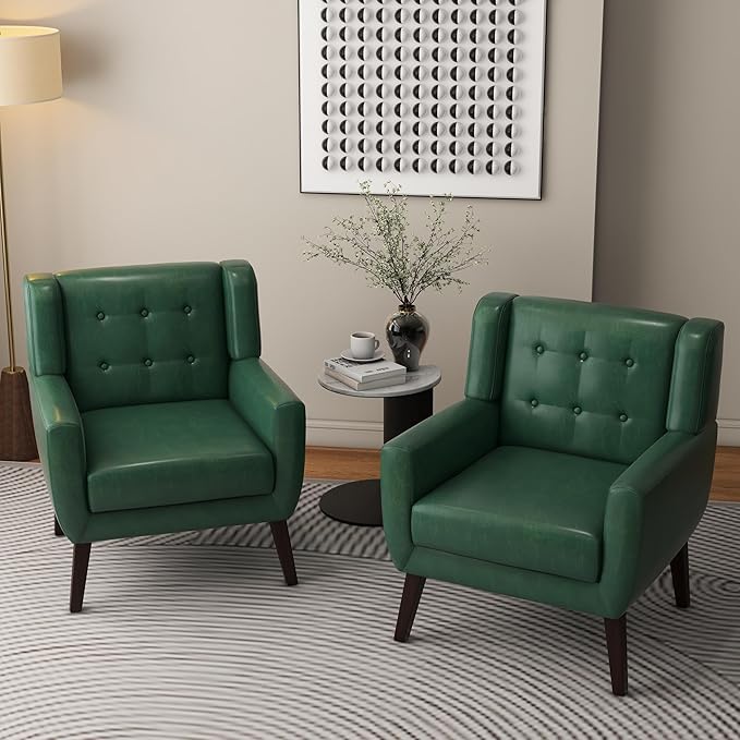 Accent Chair, Mid-Century Modern PU Leather Chairs with Arms for Living Room, Comfy Upholstered Club Single Sofa Armchair for Bedroom Waiting Room with Solid Wood Frame（Leather Green, Set of 1