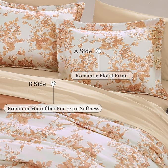 Queen Comforter Set -7 Pieces Autumn Leaf Floral Comforter Set for All Seasons, Bed in a Bag Queen with Botanical Flowers Comforter, Sheets, Pillowcases & Shams