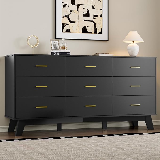 Dresser for Bedroom with 9-Drawer, 59" Wide Modern Chest of Drawers with Metal Handles, X-Shape Base & Adjustable Center Leg, Anti-Tip Closet Organizers and Storage