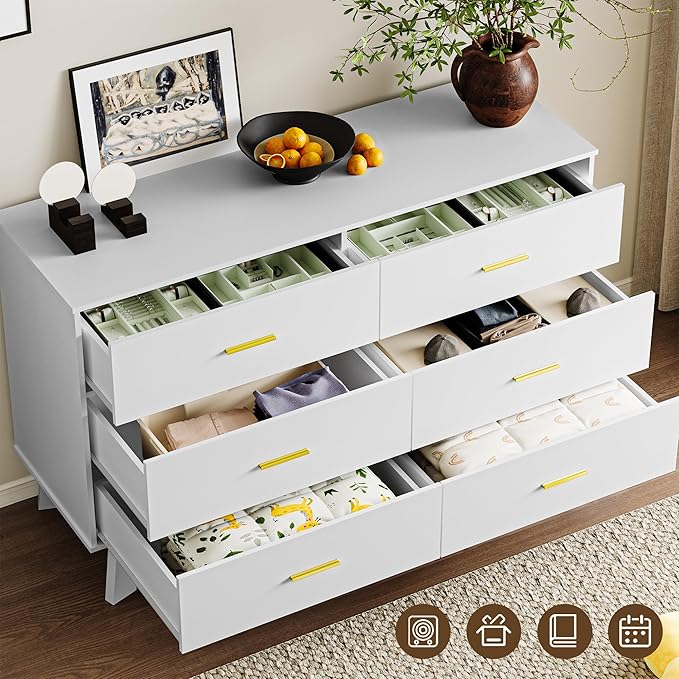 Dresser for Bedroom with 6-Drawer, 47.2" Modern Chest of Drawers with Metal Handles, X-Shape Base & Adjustable Center Leg, Anti-Tip Closet Organizers and Storage