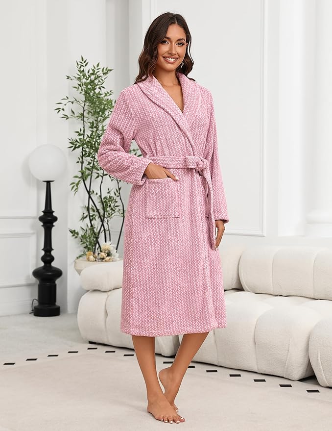 Ekouaer Women's Robe Plush Soft Long Bathrobe Cozy Warm Shawl Collar Spa Robe with Pockets
