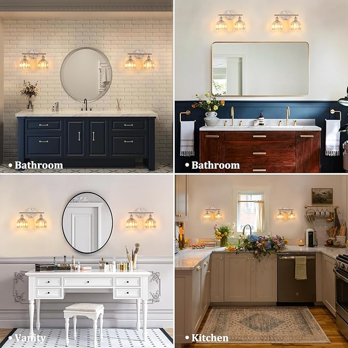 Bathroom Light Fixtures, 2-Light Vanity Wall Light Over Mirror with Amber Tulip Glass Shade for Bedroom Living Room, Satin Nickel