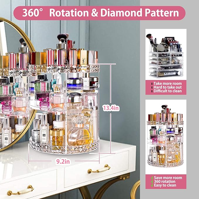 V-HANVER Makeup Organizer Combo - 360° Rotating Makeup Organizer with 7 Adjustable Layers Acrylic Skincare Organizer Large Cosmetic Display Case Clear Perfume Organizer with Makeup Lipstick Holder