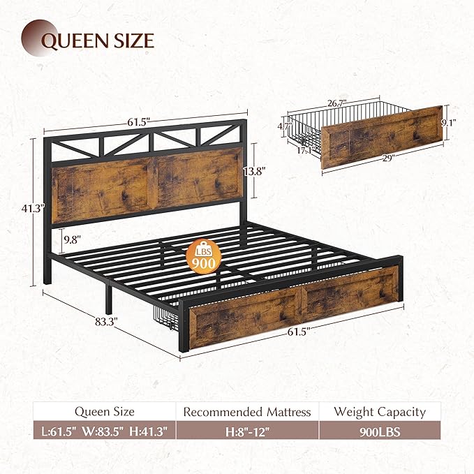 EnHomee Queen Bed Frame with 2 Storage Drawers, Built in Charging Station & LED Light,NO Noise,No Box Spring Needed,Rustic Brown