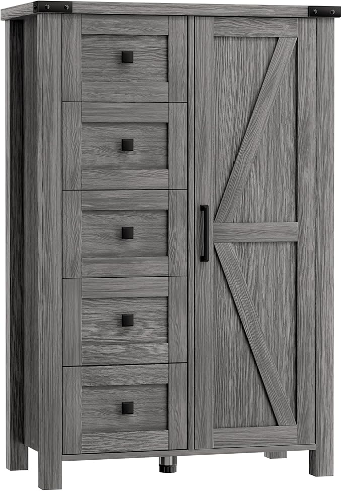 Farmhouse Dresser Storage Cabinet Chest of Drawer for Bedroom, 5 Drawer Dresser with Barn Door, 48 Inch Tall Grey Wood Dresser, Adjustable Shelves, Rustic, for Living Room, Entryway, Hallway