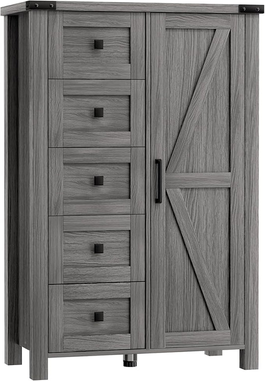 Farmhouse Dresser Storage Cabinet Chest of Drawer for Bedroom, 5 Drawer Dresser with Barn Door, 48 Inch Tall Grey Wood Dresser, Adjustable Shelves, Rustic, for Living Room, Entryway, Hallway