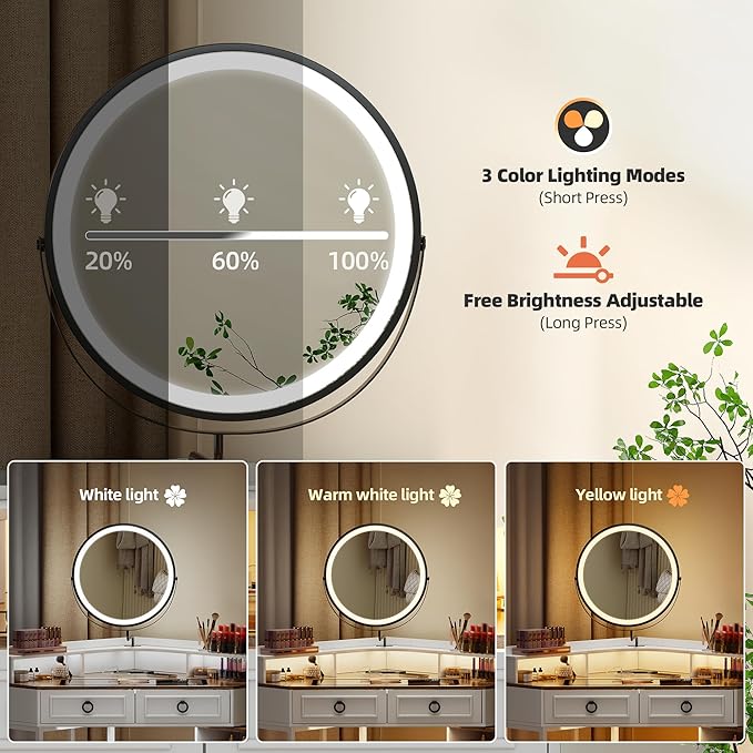 Corner Vanity Desk with Rotating Mirror and Lights,Glass Top Makeup Vanity with Human Body Senor&Charging Station,LED Vanity Table Set with 5 Drawers and Shelves for Bedroom