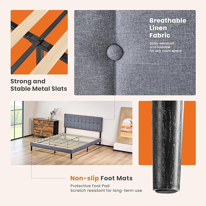 Sweetcrispy Queen Size Bed Frame - Fabric Upholstered Platform Bed with Headboard, 800LBS Sturdy Wooden Slats Support, No Box Spring Needed, Noise Free, Easy Assembly, Grey