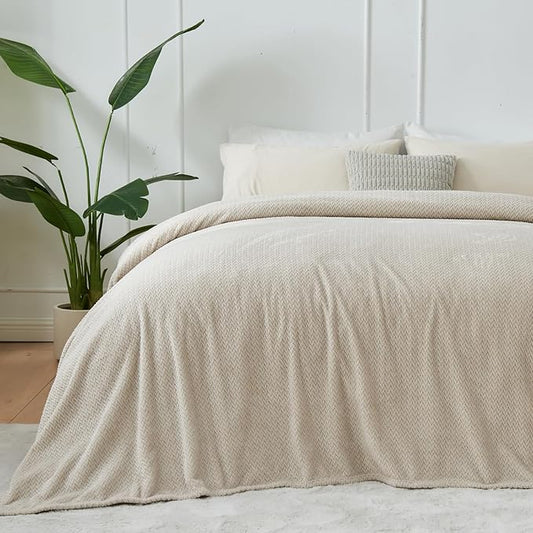 NEWCOSPLAY Super Soft Queen Blanket Linen Premium Silky Flannel Fleece Leaves Pattern Lightweight Bed Blanket All Season Use (Linen, Queen(90"x90"))