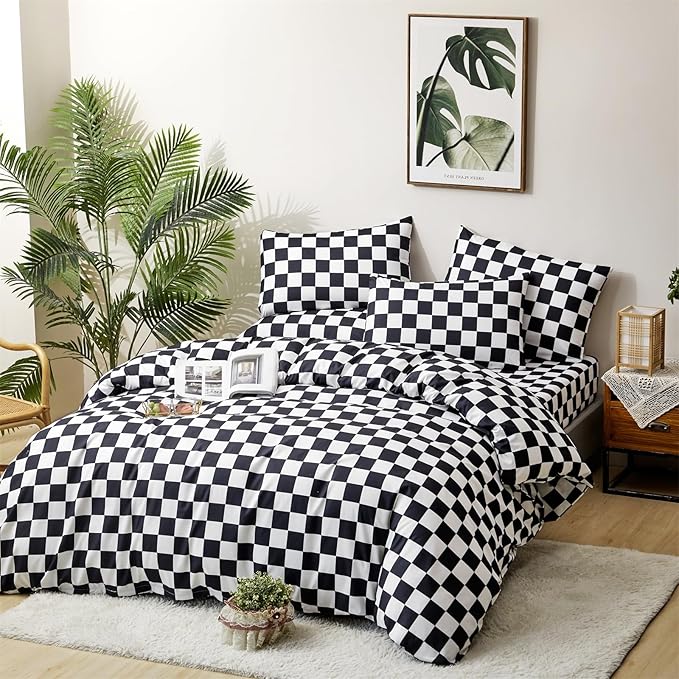 CLOTHKNOW California King Comforter Set Black Grid 3Pcs Bedding Comforter Sets Checker Comforter Black and White Comforter Sets Cal King