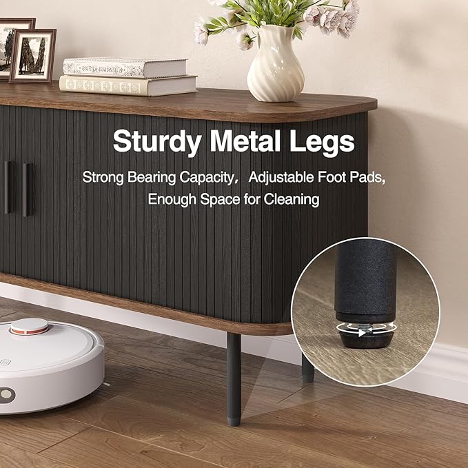 47" Modern Fluted TV Stand for TVs up to 60 Inch , Gaming Entertainment Center with Tambour Slatted Sliding Doors and Storage Cabinet, Media TV Consoles Table for Living Room, Office, Black