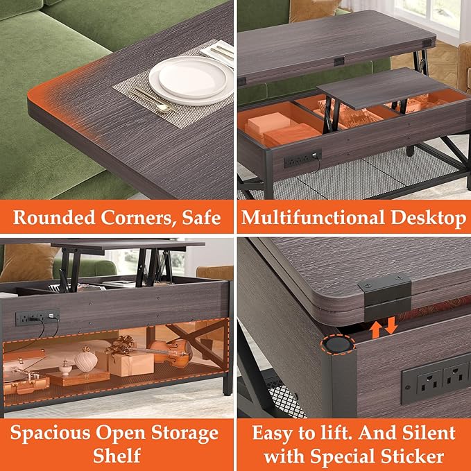 Aheaplus Coffee Table Lift Top Multi-Function Coffee Table Converts to Dining Table, with LED Light and Power Outlet, Center Table with Shelves for Living Room Reception Home Office,-S2, Espresso