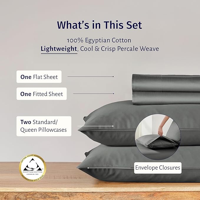 California Design Den Queen Size Sheet Set - Certified 100% Egyptian Cotton Queen Size Percale Sheets with Deep Pockets, Cool, Crisp & Durable Luxury Bedding Set - Grey