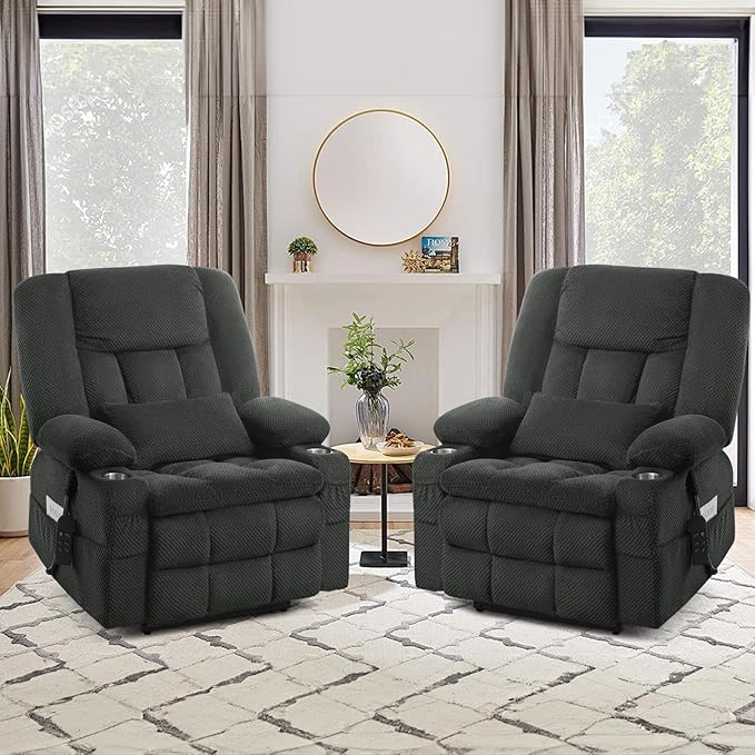 Large Dual Motor Lay Flat Power Lift Massage Recliner Chair Set of 2 for Elderly with Heat for Living Room, Lift Chairs Recliner with Lumbar Pillow, Cup Holder - Grey