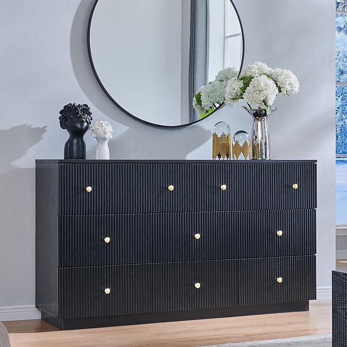 Fluted Dresser for bedroom, 55"W Black 8 Drawer Dressers, Wood Tall Dresser Storage Organizer, Modern Bedroom Chest of Drawers with Deep Storage for Closet Hallway, Entryway, Living Room Black