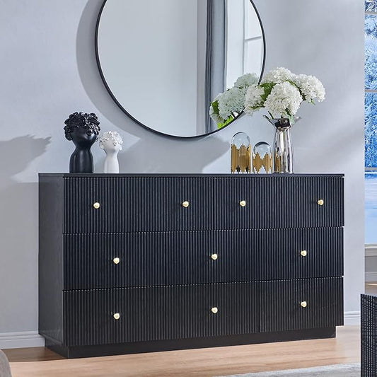 Fluted Dresser for bedroom, 55"W Black 8 Drawer Dressers, Wood Tall Dresser Storage Organizer, Modern Bedroom Chest of Drawers with Deep Storage for Closet Hallway, Entryway, Living Room Black