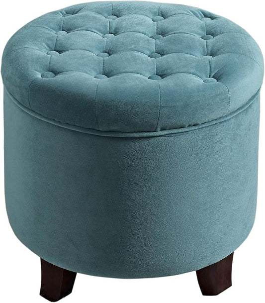 Homepop Home Decor | Upholstered Round Velvet Tufted Foot Rest Ottoman | Ottoman with Storage for Living Room & Bedroom | Decorative Home Furniture, Teal Small