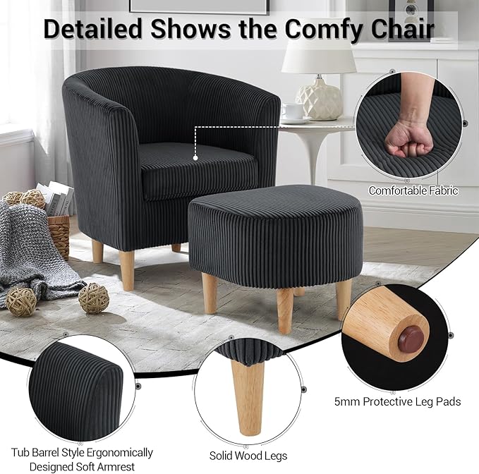 DAZONE Accent Chairs Set of 2, Barrel Chair with Ottoman Comfy Armchair Corduroy Living Room Chairs Mid Century Modern Chair Upholstered Club Tub Sofa Chair for Bedroom Reading Room Charcoal