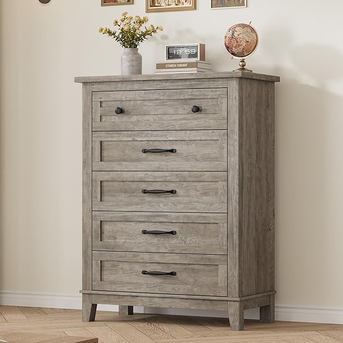 GarveeHome 5 Dresser for Bedroom, 41.3" Tall Vertical Drawer Dresser with Large Storage, Freestanding Wooden Closet Chest for Bedroom, Living Room, Grey
