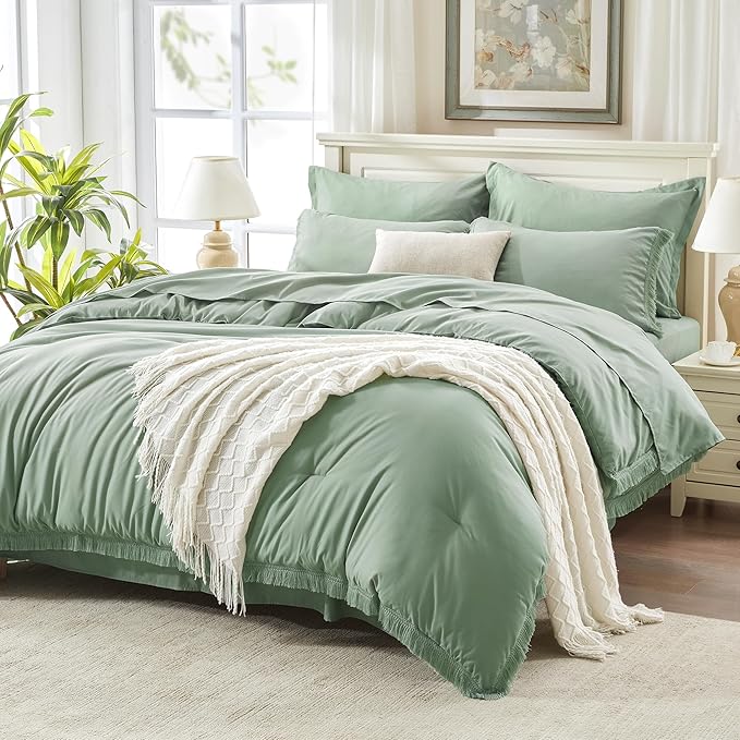 Andency Full Size Comforter Set Sage Green -7 Pieces Boho Tassel Bed in a Bag Soft Lightweight Bedding Sets, All Season Fringe Bed Set with Comforter, Sheets, Pillowcases & Shams