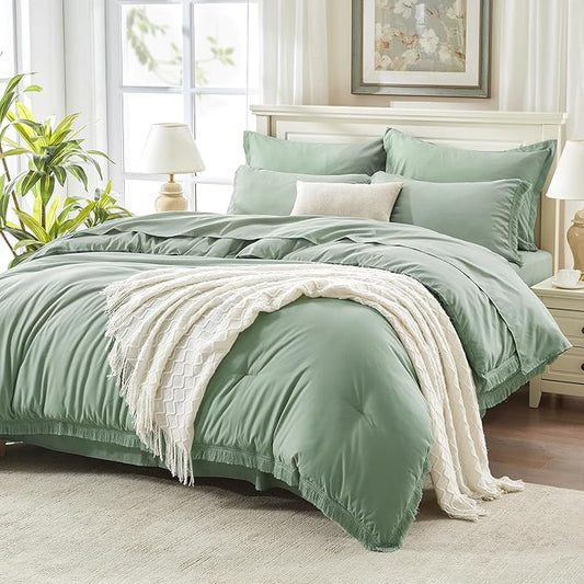Andency Full Size Comforter Set Sage Green -7 Pieces Boho Tassel Bed in a Bag Soft Lightweight Bedding Sets, All Season Fringe Bed Set with Comforter, Sheets, Pillowcases & Shams