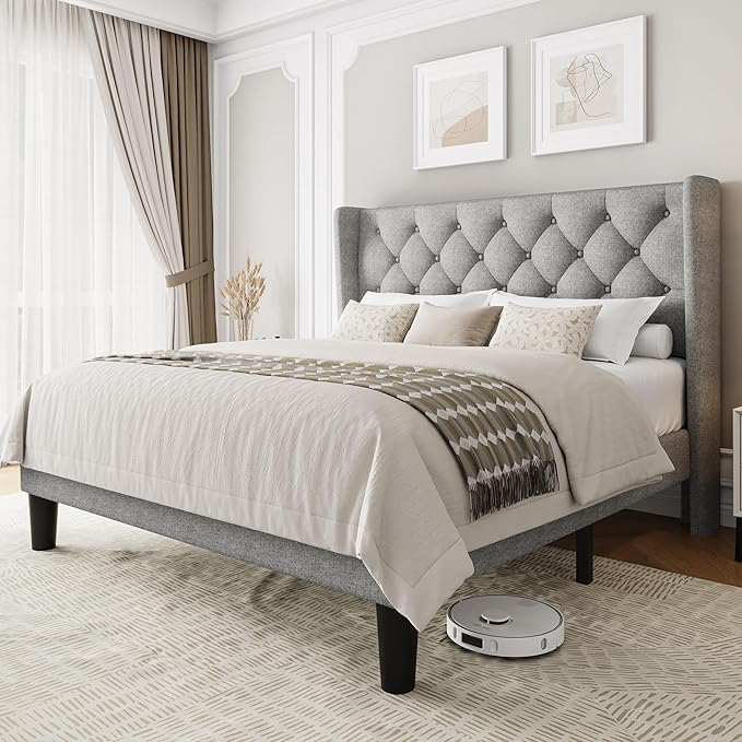 Queen Size Upholstered Bed Frame with Wingback Headboard, Fabric Linen Platform Bed, 8" Under Bed Storage, No Box Spring Needed, Wooden and Metal Slats Support, Light Grey
